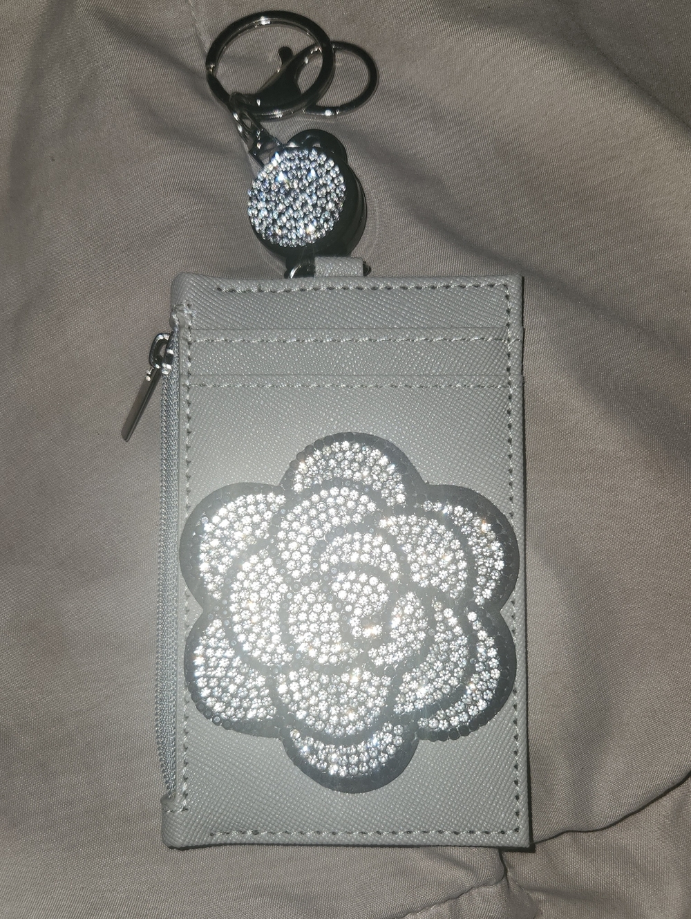 Grey Crystal Flower Card Holder Keychain